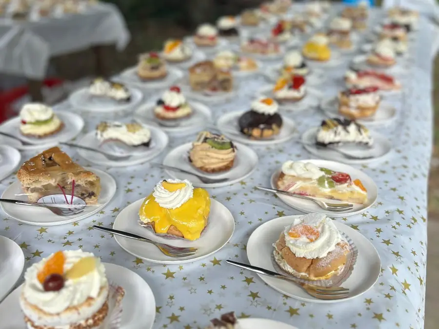 Rij gebakjes op bordjes