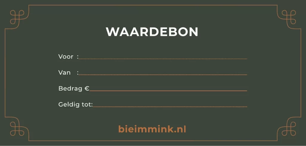 Waardebon van Bie Immink met ruimte voor naam, bedrag en geldigheid